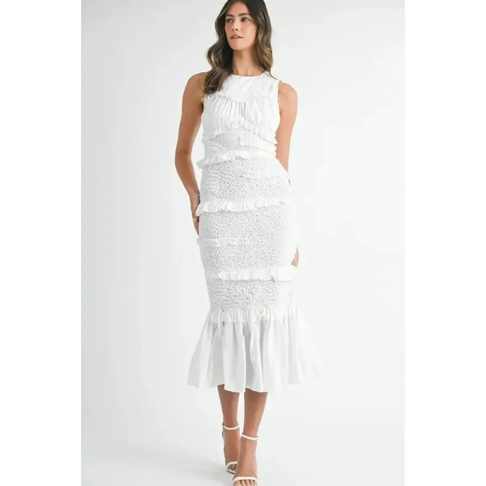 MABLE Ruffled Popcorn Smocked Mermaid Midi Dress - Picture 2 of 10